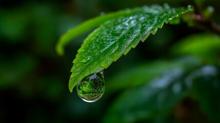 Fresh Dewdrop Reflection: Captivating close-up captures a glistening dewdrop, reflecting a lush green landscape on the edge of a vibrant leaf, embodying freshness.