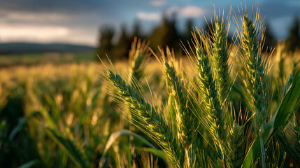 Obraz premium Golden Wheat Field: A picturesque golden wheat field glows under the warm sunlight, highlighting the rich texture and abundance of the harvest