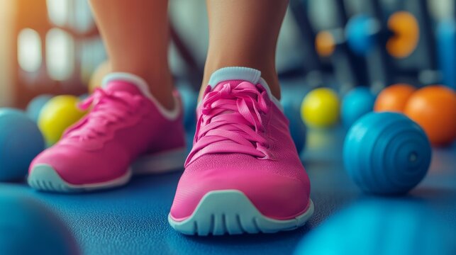 Close up of pink sneakers in a gym, ready for fitness and workout - Powered by Adobe