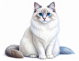 Fototapeta premium Majestic white cat with piercing blue eyes sits in serene stillness—embodying quiet nobility and ethereal poise.