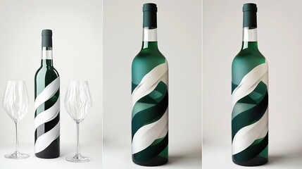 Green wine bottle with white spiral decoration, displayed with two goblets in three parts, light background, highlighting modern and simple packaging design beauty