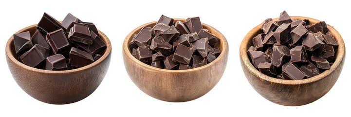 Set of chocolate pieces in wooden bowl isolated on transparent background