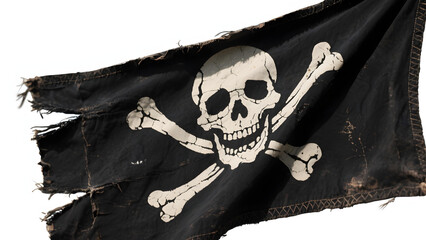 Close-up of weathered pirate flag with skull and crossbones on white background.
