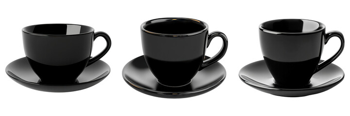 Set of black empty cup place on saucer isolated on transparent background