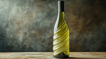 Unique Green Wine Bottle with White Spiral Texture on Wooden Table