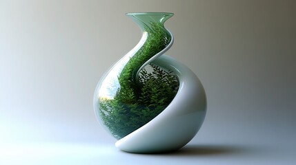 Creative Glass Vase with Green Plants Inside, Light Background