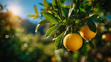 Sun-Kissed Citrus Orchard:  Vibrant oranges ripen on a sun-drenched branch, capturing the essence of a citrus orchard with lush greenery, illuminated by natural sunlight.