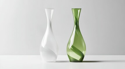Two Simple Glass Vases, White and Green, on White Table