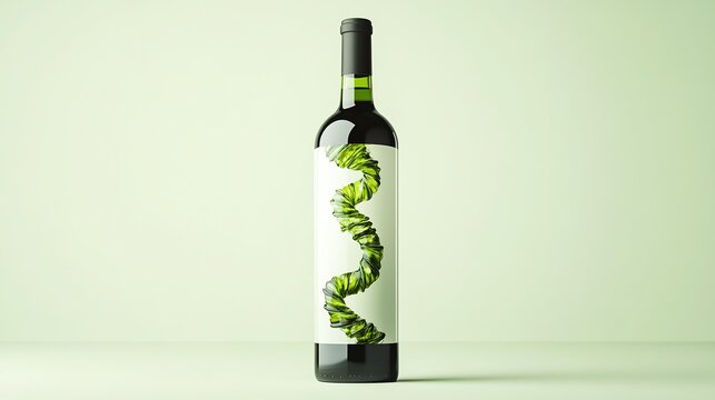 Red Wine Bottle with Green Spiral Label on Light Green Background
