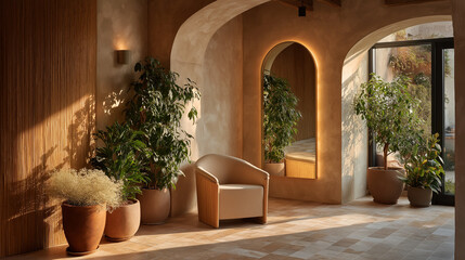 Interior Oasis of Calm: A captivating interior space, adorned with natural wood, arched doorways, and lush greenery. It evokes a sense of tranquility, harmony, and sophistication.