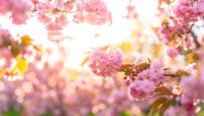 Pink cherry blossoms in sunlit garden
