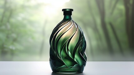 Unique Green Wine Bottle with Gradient Spiral Texture, White Table