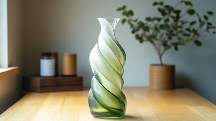 Spiral - textured glass vase on light wooden table in minimalist interior, with soft window light and decorative items, creating a tranquil and elegant atmospher