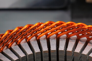 Close up scene the bar wound stator parts  for electric car motor.