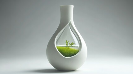 Creative ecological vase with white outer shell and transparent inner chamber, containing green plants and water,