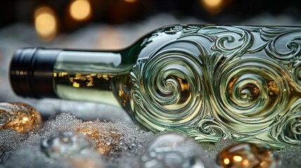 Carved glawine, bottle, glass, carved, spiral, patterns, light, shadow, crushed, ice, hazy, warm, atmosphere, cool, exquisite, sss wine bottle with delicate spiral patterns shining in light and shadow