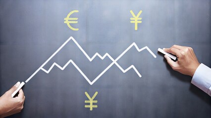 Hands Drawing Euro and Yen Currency Graphs on Chalkboard for Financial Analysis Market Trends and Economic Forecasting Design