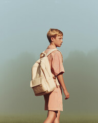 Young boy with backpack walking to school on a foggy morning