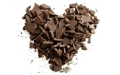 Pile of dark brown broken chocolate pieces scattered on white background, with natural  state and mellow chocolate aroma