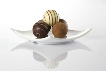 Assorted chocolate balls stacked on white plate, with various colors, textures, and glossy or sugar - coated surfaces, looking exquisite and tempting against white background, like a fine dessert crea