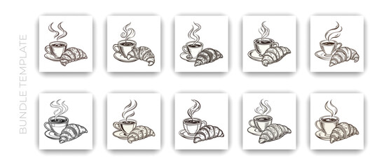 Croissant and coffee cup engraving
