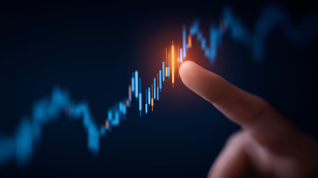 Close-up of Finger Pointing at Holographic Stock Chart Interface