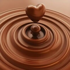 Heart - shaped chocolate creating ripples in chocolate liquid on light brown background, symbolizing love