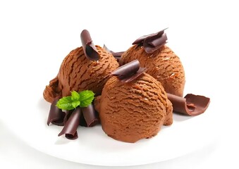 Stack of chocolate ice cream balls with chocolate curls and mint on white plate, offering cool and sweet temptation