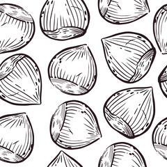 Seamless vector pattern. Hazelnut, hazelnut, hazelnut, all objects are hand-drawn in vector. For printing on fabric, kitchen textiles, food packaging, department design in a store. Vector illustration