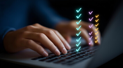 Close-up of hands typing on keyboard with digital checklists