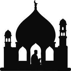 Silhouette of Mosque with Evening Prayer Call, Mosque Silhouette at Sunset, Evening Azan Call Silhouette, Mosque Skyline Silhouette at Dusk