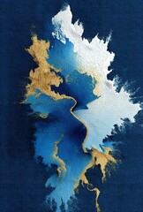 Abstract painting with blue, white, and gold colors on dark blue canvas, showing artistic randomness and tension, highlighting high - end taste