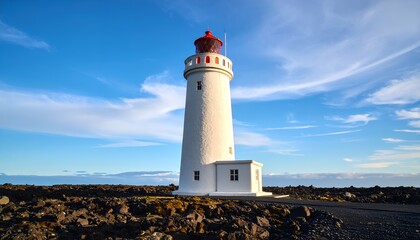 Icelandic Lighthouse on Volcanic Coast.