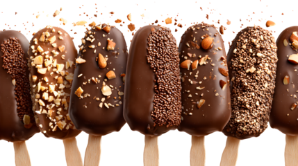 A row of chocolate ice cream sticks with nuts on top