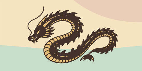 Obraz premium Brown dragon with golden accents on pale background
