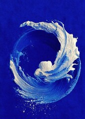 Swirling pattern of white and light blue on blue background, with dynamic brushstrokes, creating a flexible and rhythmic visual effect, conveying natural flow beauty