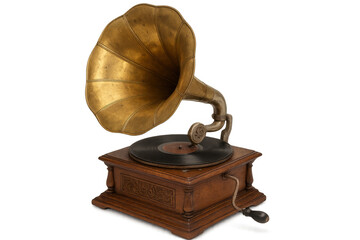 Vintage gramophone reproducing classic vinyl record, symbolizing retro musical memories against transparent backdrop