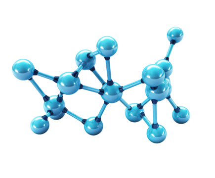 A blue molecular structure, isolated on transparent background, represents scientific research and innovation, perfect for illustrating concepts in chemistry, biology, and medicine