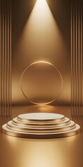 Modern luxury podium with curved gold platform under overhead spotlight, deep golden textured background for elegant product display