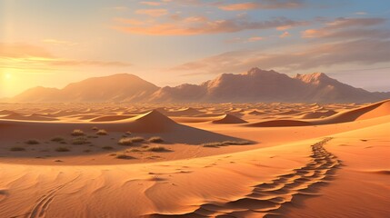 Vast desert landscape under a warm sunset featuring golden sand dunes and distant mountains in a peaceful, natural setting.