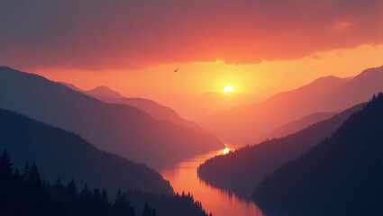 Obraz premium Sunset Sky Over Misty Mountain Layers