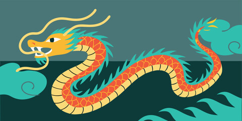 Chinese dragon with clouds and waves mythical creature