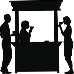 Village tea stall scene with people drinking hot tea in peaceful morning setting, Morning chai break illustration, Rural tea shack with people, Calm tea stall vector art

