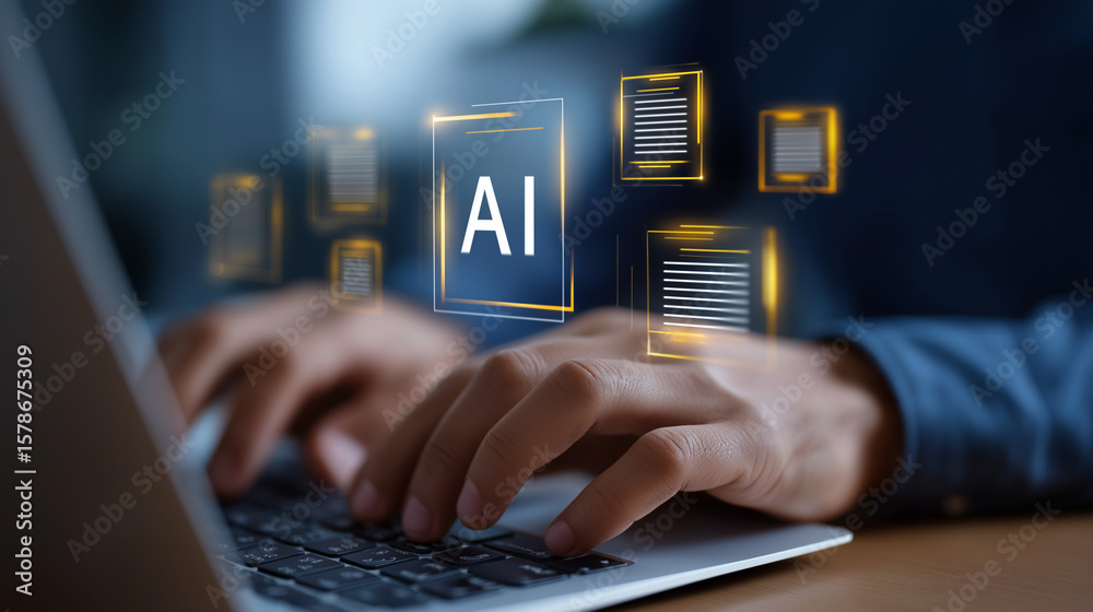 Poster close-up of hands typing on a keyboard with ai letters and documents