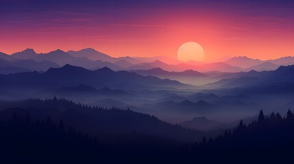 Majestic sunset bathes a misty mountain range in vibrant shades of orange, purple, and blue, creating a serene vista.