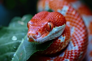 Obraz premium Vibrant mangrove pit viper coiled on a leaf, showcasing its striking red and white scales in lush rainforest environment