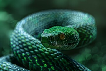 Fototapeta premium Vibrant green pit viper coiled amidst the foliage, showcasing its captivating scales and intense gaze in a lush jungle setting