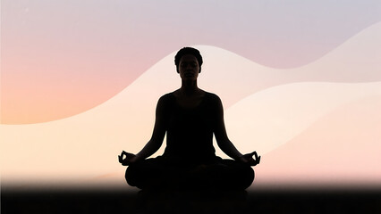Silhouette of a serene Black woman meditating in a peaceful yoga pose against a soft pastel background, promoting mindfulness and inner peace