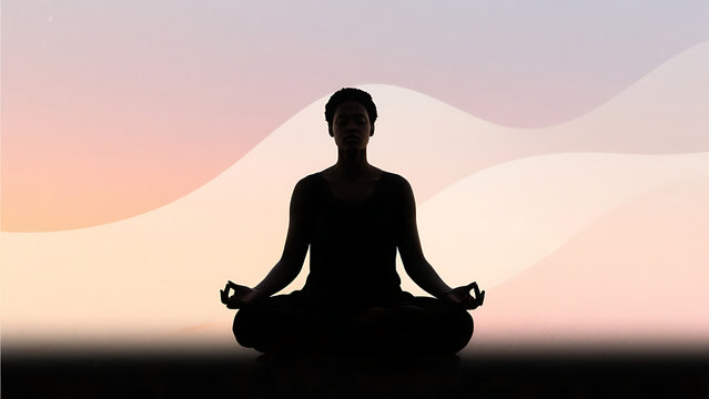 Silhouette of a serene Black woman meditating in a peaceful yoga pose against a soft pastel background, promoting mindfulness and inner peace