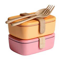 A stack of two ecofriendly wheat straw bento lunchboxes with wooden cutlery, isolated on transparent background